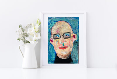 Oil pastel portrait painting of a bald man by artist Katie Jeanne Wood