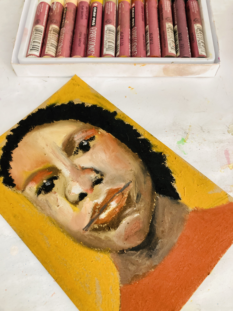 Portrait drawing with Cray-Pas Expressionist oil pastels by Katie Jeanne Wood