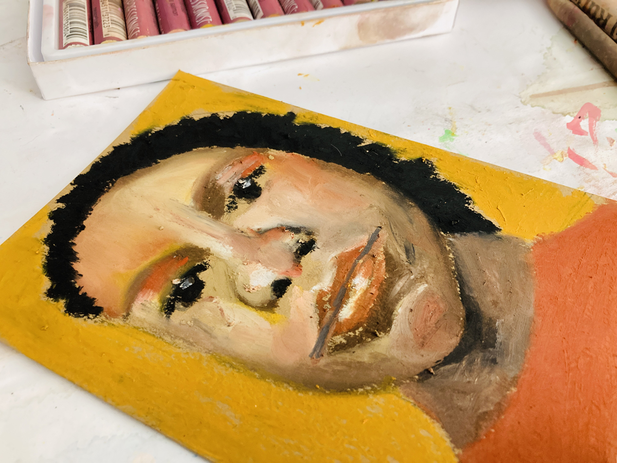 Portrait drawing with Cray-Pas Expressionist oil pastels by Katie Jeanne Wood