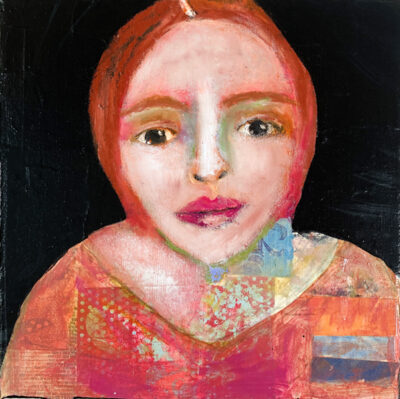 Oil pastels portrait collage painting by Katie Jeanne Wood