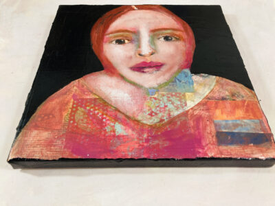 Oil pastels portrait collage painting by Katie Jeanne Wood