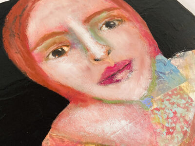 Oil pastels portrait collage painting by Katie Jeanne Wood