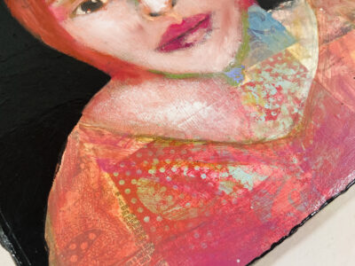 Oil pastels portrait collage painting by Katie Jeanne Wood