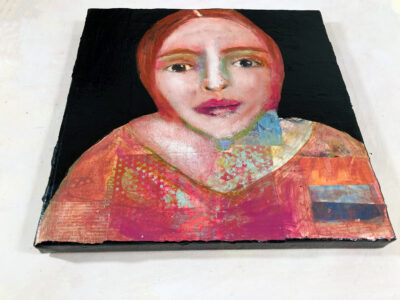 Oil pastels portrait collage painting by Katie Jeanne Wood