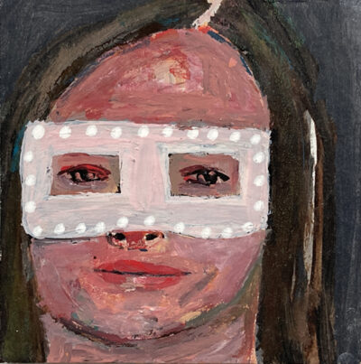 Miniature Halloween masquerade mask portrait painting by Katie Jeanne Wood