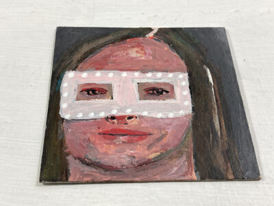 Miniature Halloween masquerade mask portrait painting by Katie Jeanne Wood