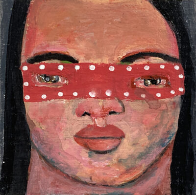 Miniature Halloween masquerade mask portrait painting by Katie Jeanne Wood