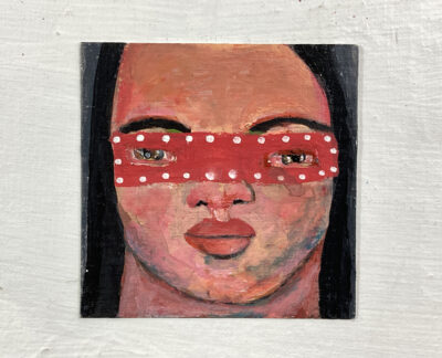 Miniature Halloween masquerade mask portrait painting by Katie Jeanne Wood