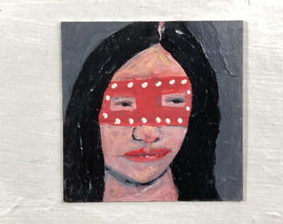 Miniature Halloween masquerade mask portrait painting by Katie Jeanne Wood