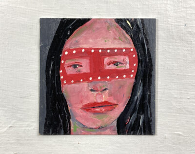 Miniature Halloween masquerade mask portrait painting by Katie Jeanne Wood