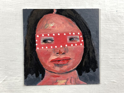 Miniature Halloween masquerade mask portrait painting by Katie Jeanne Wood