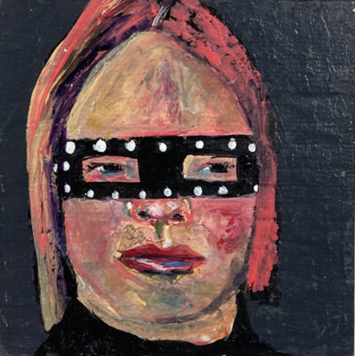 Miniature Halloween masquerade mask portrait painting by Katie Jeanne Wood