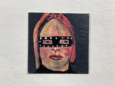 Miniature Halloween masquerade mask portrait painting by Katie Jeanne Wood