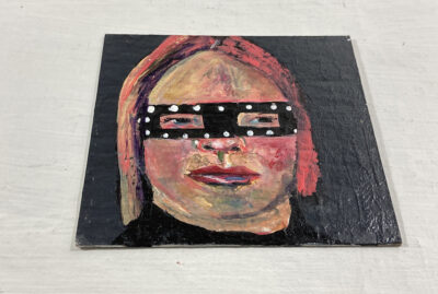 Miniature Halloween masquerade mask portrait painting by Katie Jeanne Wood