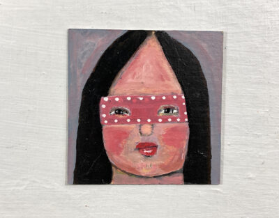 Miniature Halloween masquerade mask portrait painting by Katie Jeanne Wood