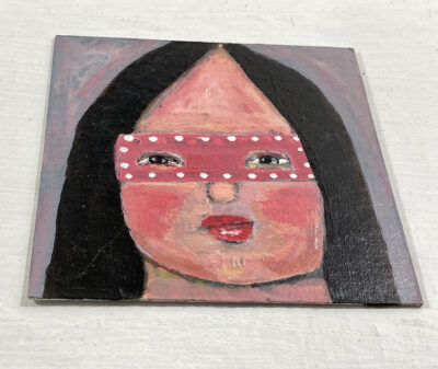 Miniature Halloween masquerade mask portrait painting by Katie Jeanne Wood