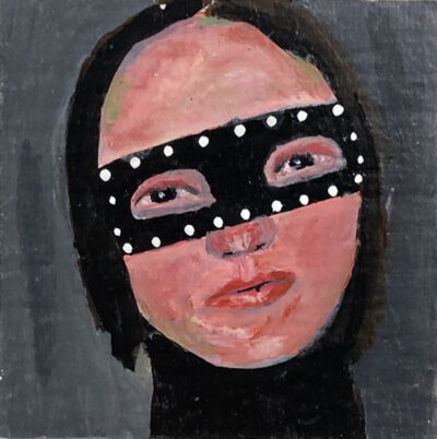 Miniature Halloween masquerade mask portrait painting by Katie Jeanne Wood