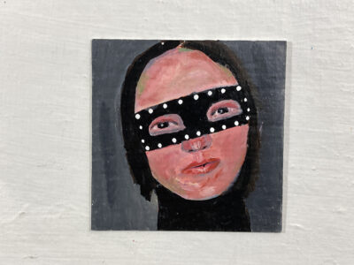 Miniature Halloween masquerade mask portrait painting by Katie Jeanne Wood