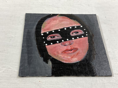 Miniature Halloween masquerade mask portrait painting by Katie Jeanne Wood