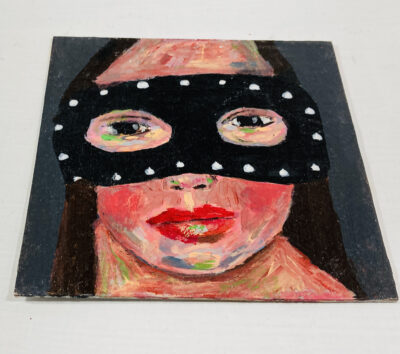 Miniature Halloween masquerade mask portrait painting by Katie Jeanne Wood