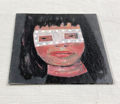 Miniature Halloween masquerade mask portrait painting by Katie Jeanne Wood