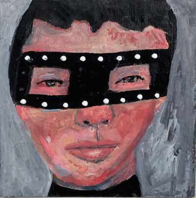 Miniature Halloween masquerade mask portrait painting by Katie Jeanne Wood