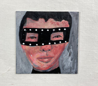 Miniature Halloween masquerade mask portrait painting by Katie Jeanne Wood