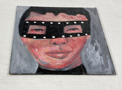 Miniature Halloween masquerade mask portrait painting by Katie Jeanne Wood