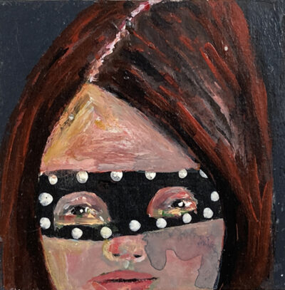 Miniature Halloween masquerade mask portrait painting by Katie Jeanne Wood