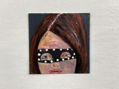 Miniature Halloween masquerade mask portrait painting by Katie Jeanne Wood