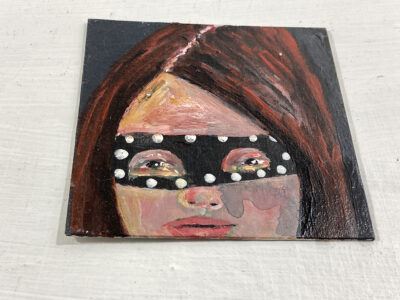 Miniature Halloween masquerade mask portrait painting by Katie Jeanne Wood