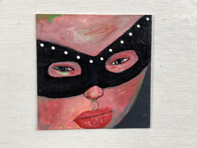 Miniature Halloween masquerade mask portrait painting by Katie Jeanne Wood