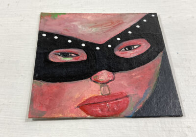 Miniature Halloween masquerade mask portrait painting by Katie Jeanne Wood