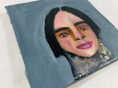 Oil pastels portrait painting by Katie Jeanne Wood