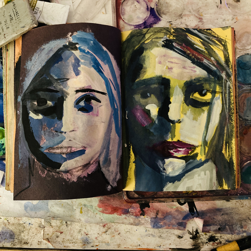 Art journal portraits created with watercolors by Katie Jeanne Wood