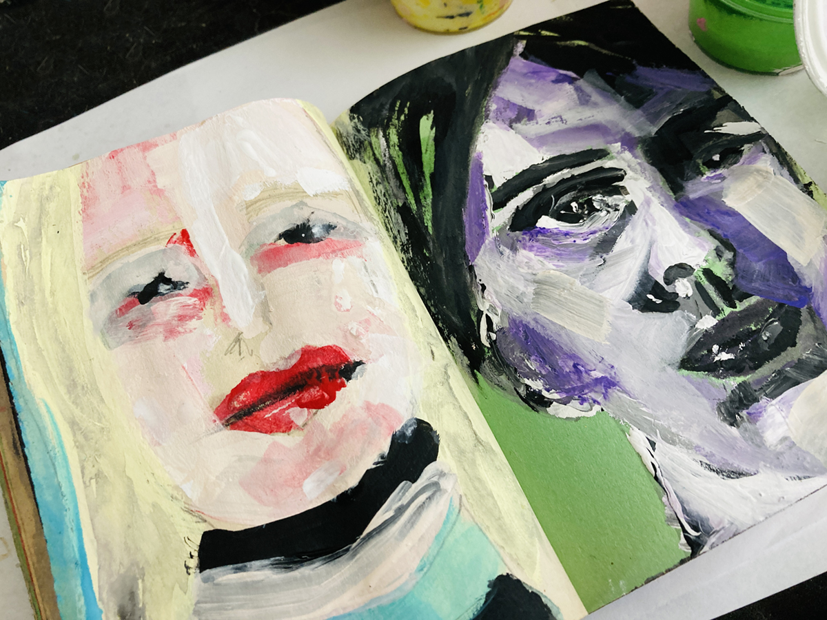 Portrait painting in my art journal with wide brushes - Katie Jeanne Wood