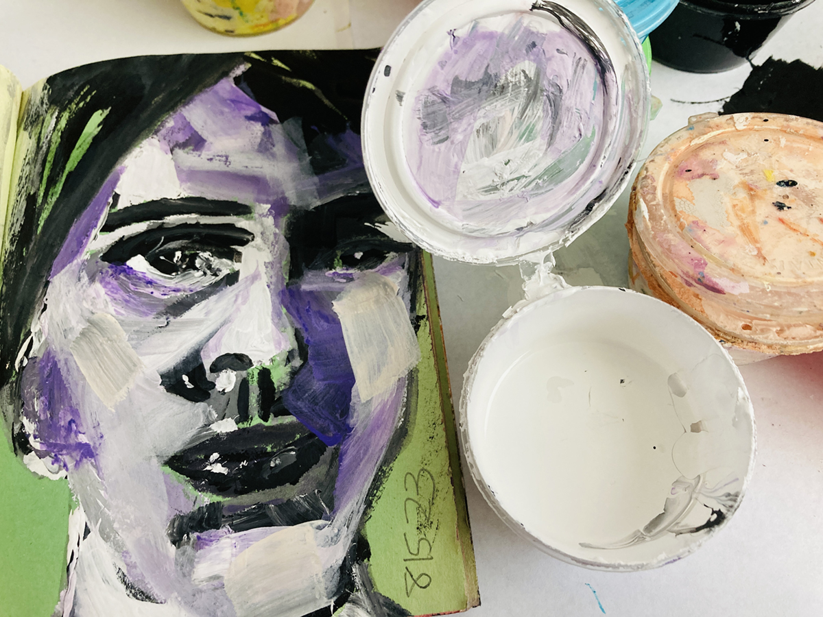 Portrait painting in my art journal with wide brushes - Katie Jeanne Wood