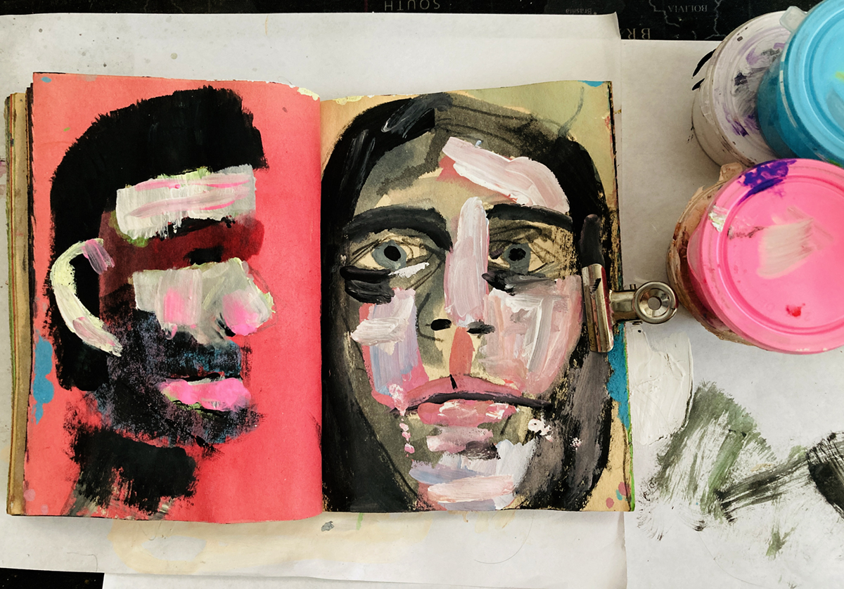 Art journal portraits created with craft paint by Katie Jeanne Wood