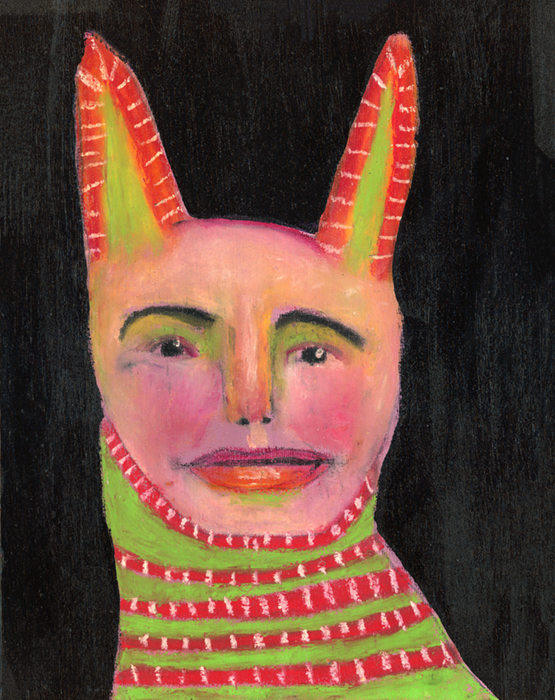 Oil pastel drawing of a rabbit wearing a knitted sweater by Katie Jeanne Wood