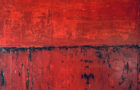 Red acrylic abstract painting by Katie Jeanne Wood