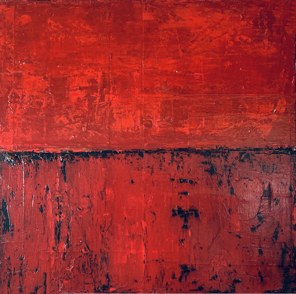 Red acrylic abstract painting by Katie Jeanne Wood