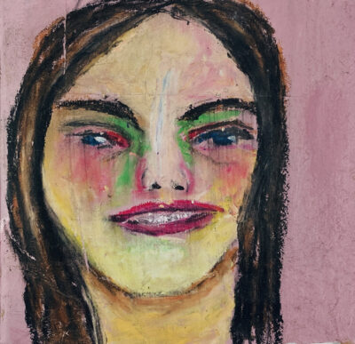 Oil pastel portrait painting of a woman with braces by Katie Jeanne Wood