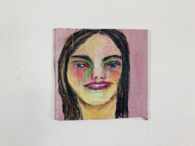 Oil pastel portrait painting of a woman with braces by Katie Jeanne Wood