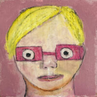 Oil pastel portrait painting of a person wearing pink glasses by Katie Jeanne Wood