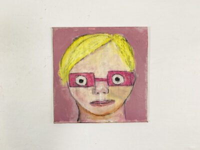 Oil pastel portrait painting of a person wearing pink glasses by Katie Jeanne Wood