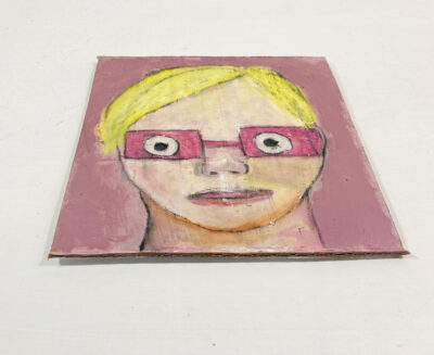 Oil pastel portrait painting of a person wearing pink glasses by Katie Jeanne Wood