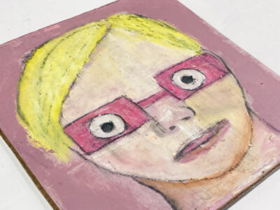 Oil pastel portrait painting of a person wearing pink glasses by Katie Jeanne Wood