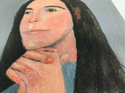 Acrylic portrait painting of a girl praying or meditating by Katie Jeanne Wood