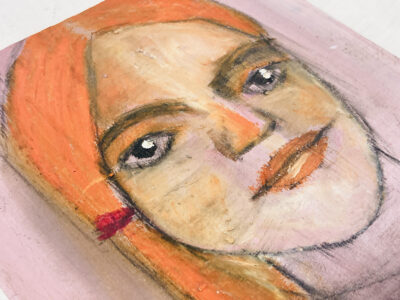 Oil pastel portrait painting of a woman with orange hair by Katie Jeanne Wood