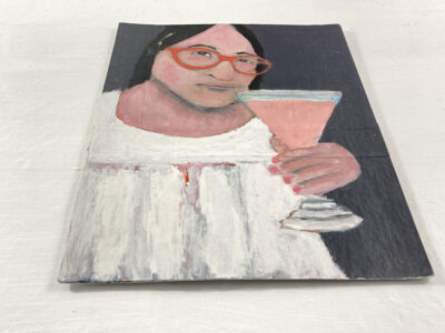 Acrylic portrait painting of a woman with a pink drink in hand by Katie Jeanne Wood